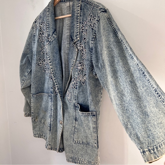 Vintage Jean Jacket Stone Acid Wash Floral Embroidered Rainbow Metallic - Picture 4 of 8